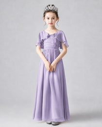 Dideyttawl Junior Bridesmaid Dress with Flutter Sleeves and Chiffon Pleated Skirt