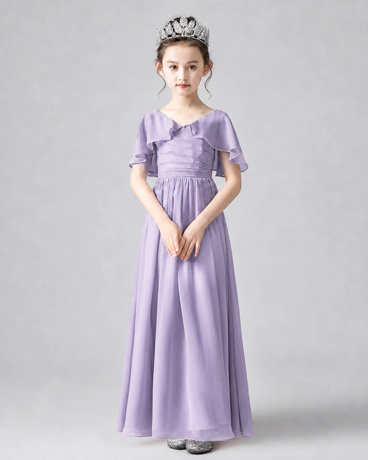 Dideyttawl Junior Bridesmaid Dress with Flutter Sleeves and Chiffon Pleated Skirt