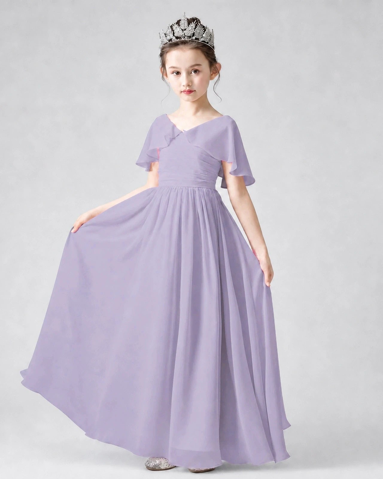Dideyttawl Junior Bridesmaid Dress with Flutter Sleeves and Chiffon Pleated Skirt