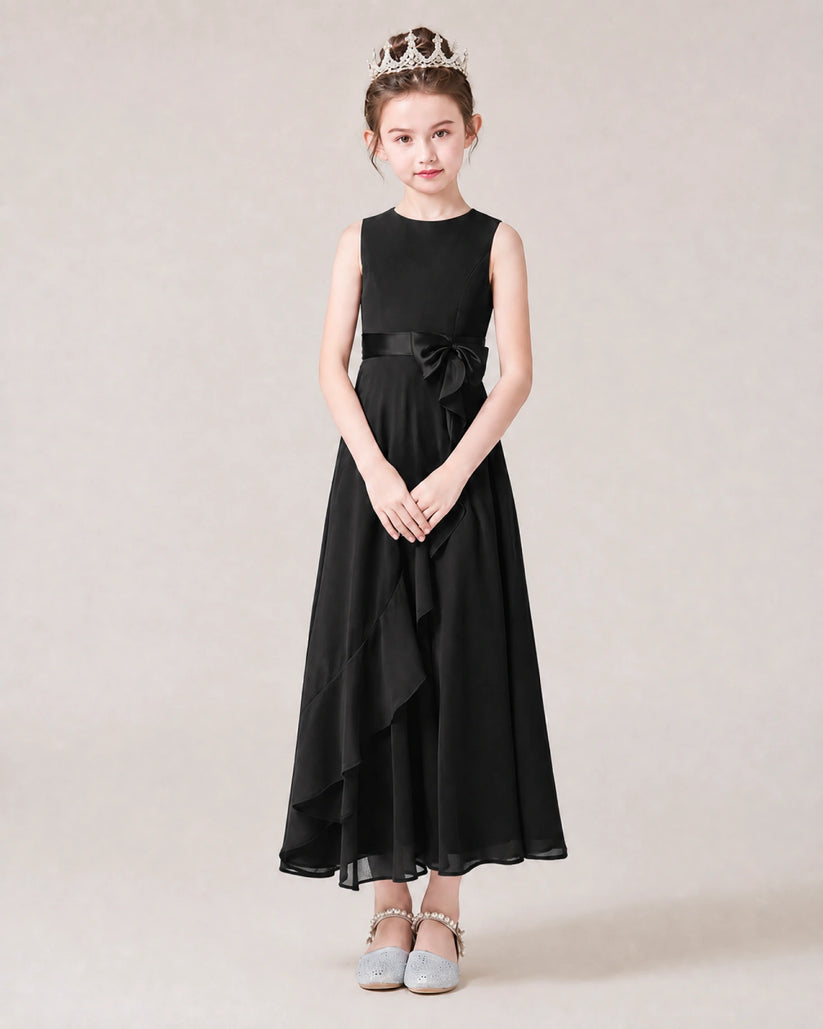 Black Chiffon A-line Junior Bridesmaid Dress Front View
