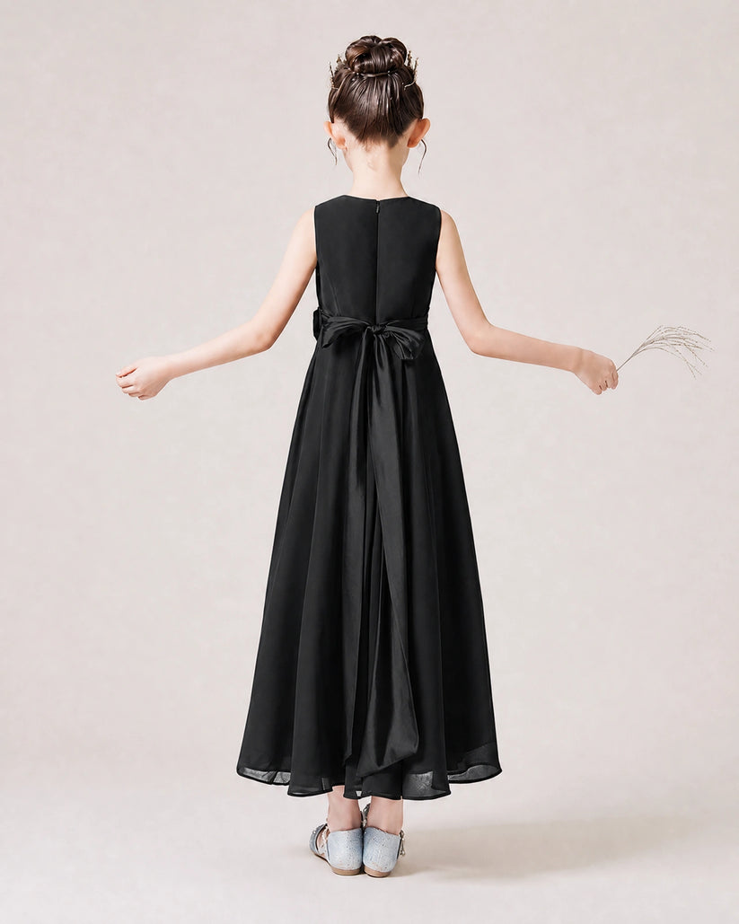 Black Chiffon A-line Junior Bridesmaid Dress Back View