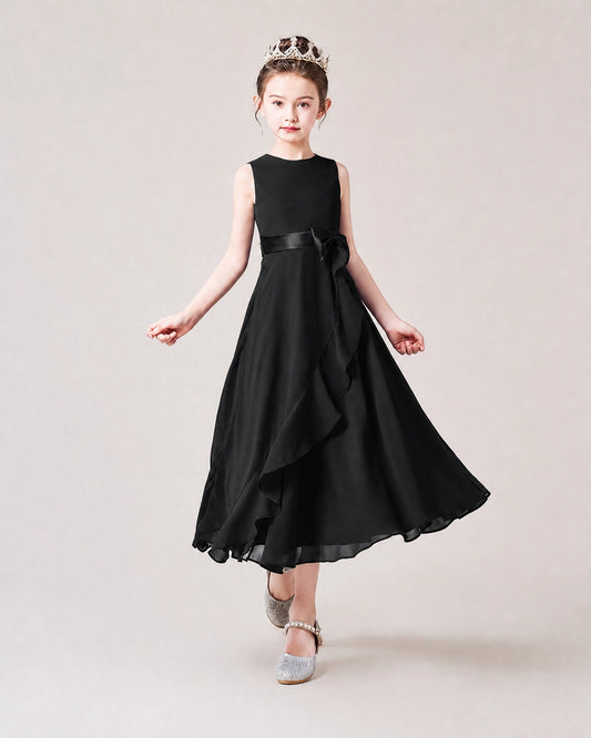 Black Chiffon A-line Junior Bridesmaid Dress Front View