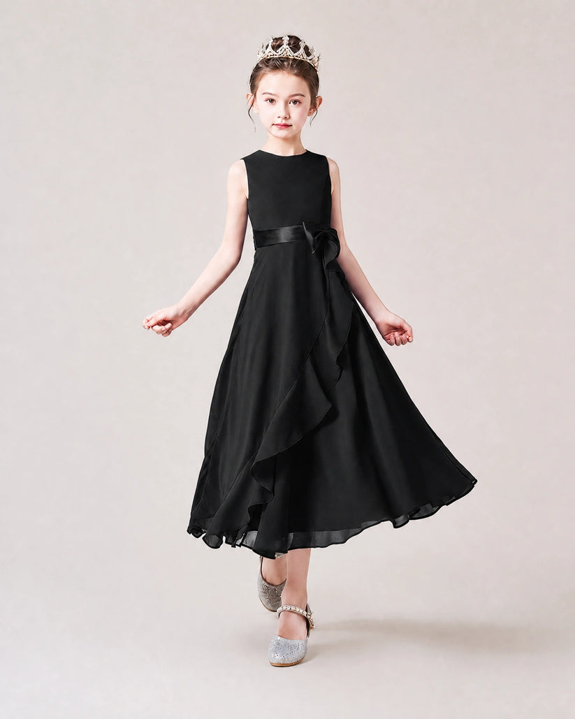 Black Chiffon A-line Junior Bridesmaid Dress Front View