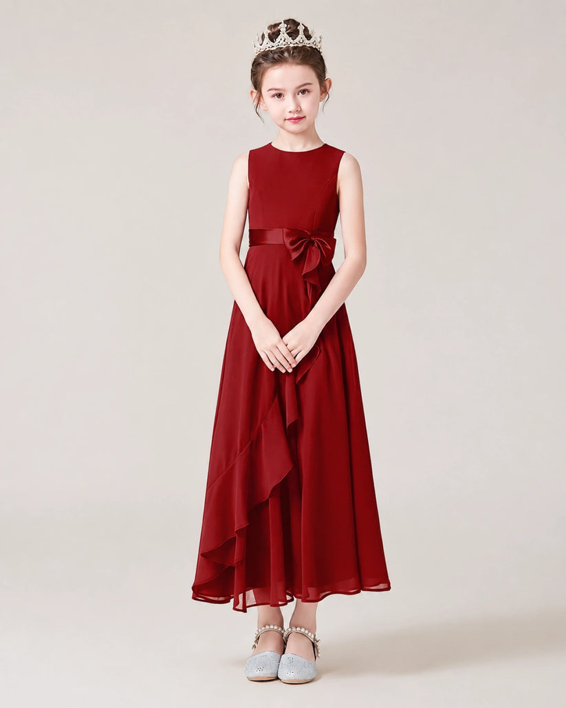 Burgundy Chiffon A-line Junior Bridesmaid Dress Front View