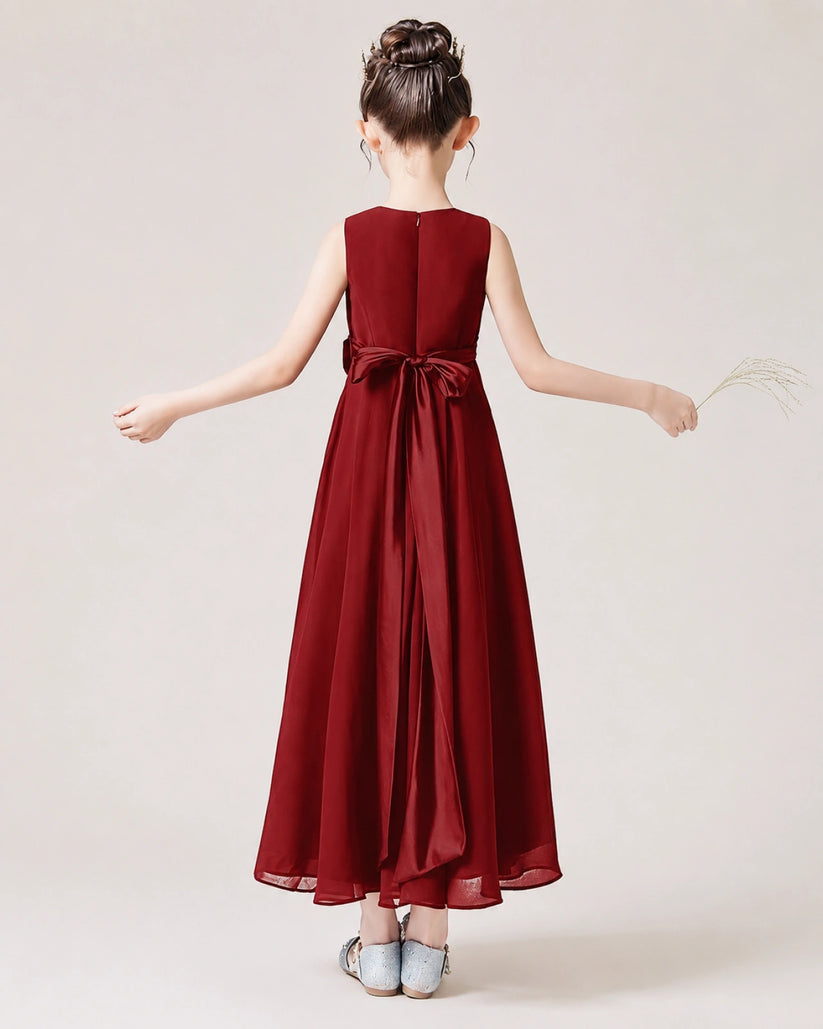 Burgundy Chiffon A-line Junior Bridesmaid Dress Back View
