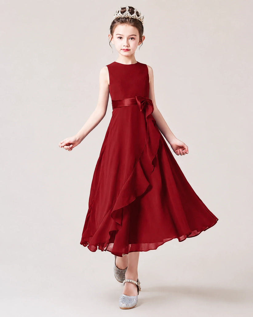 Burgundy Chiffon A-line Junior Bridesmaid Dress Front View