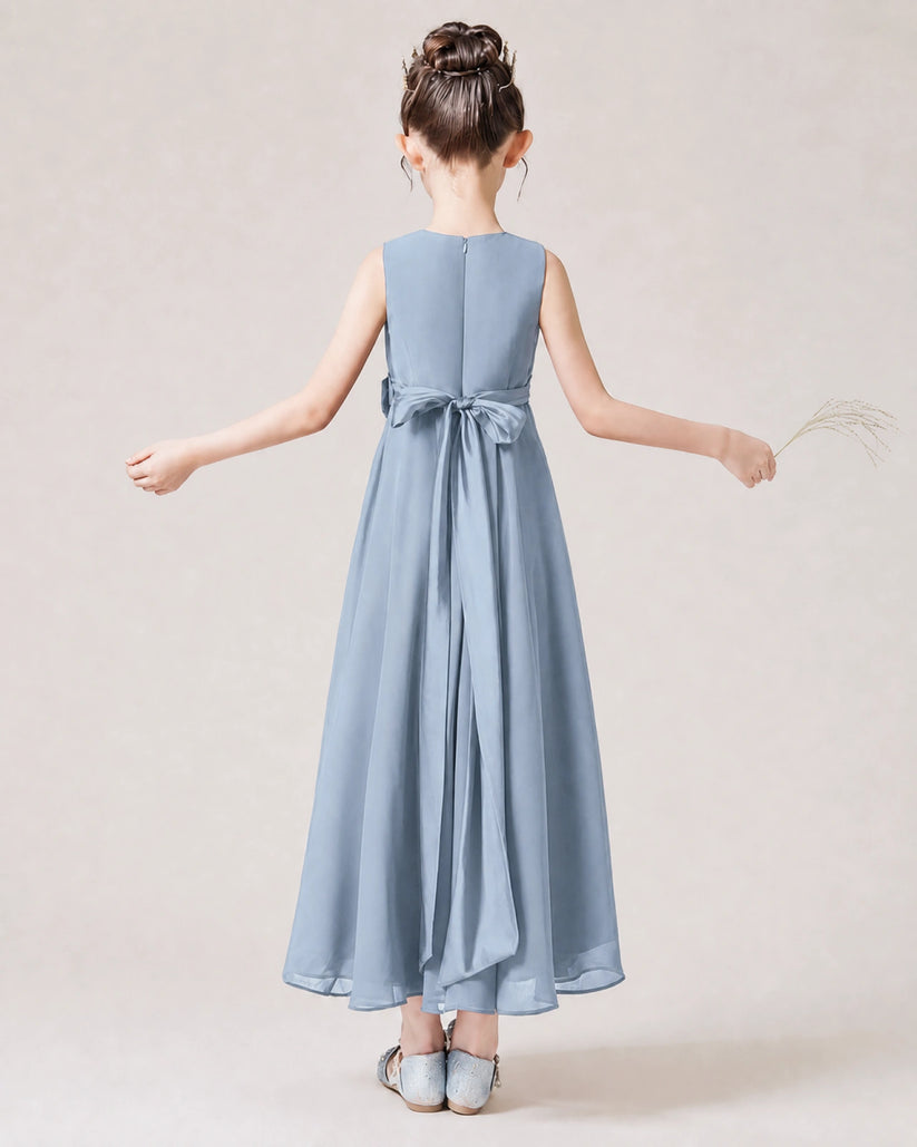 Dusty Blue Chiffon A-line Junior Bridesmaid Dress Back View