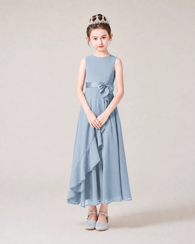 Dusty Blue Chiffon A-line Junior Bridesmaid Dress Front View