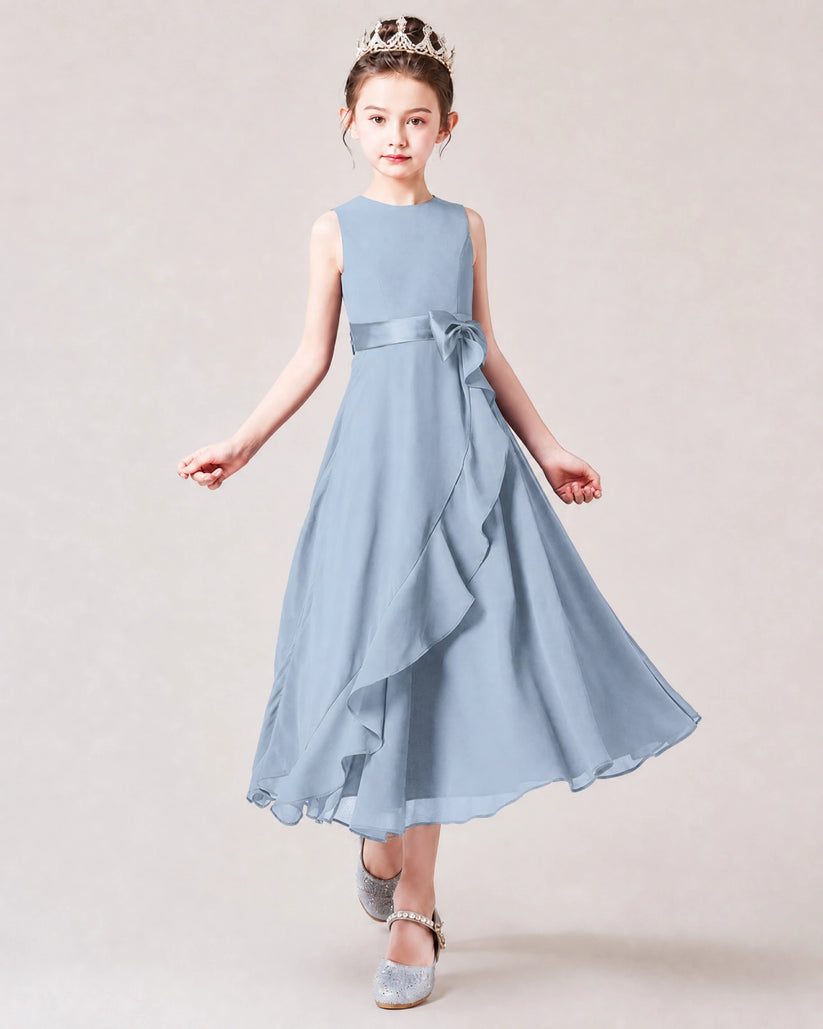 Dusty Blue Chiffon A-line Junior Bridesmaid Dress Front View