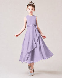 Dideyttawl Sleeveless Chiffon Ruffle Bow Junior Bridesmaid Dress