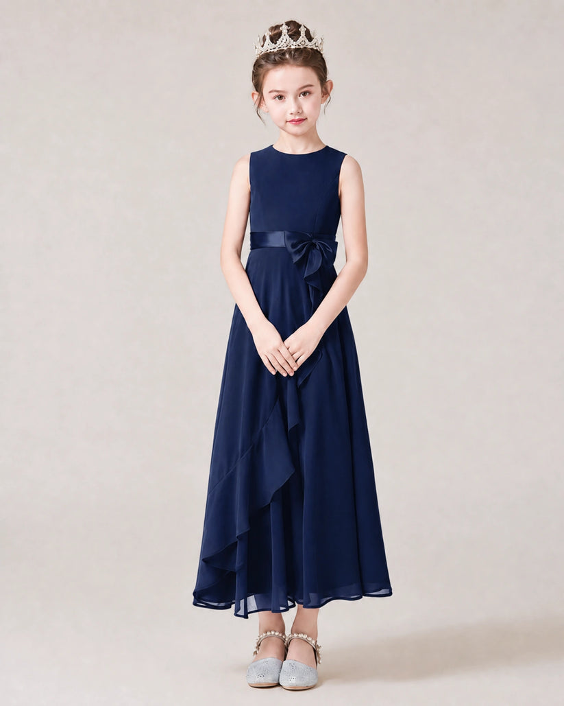 Navy Blue Chiffon A-line Junior Bridesmaid Dress Front View
