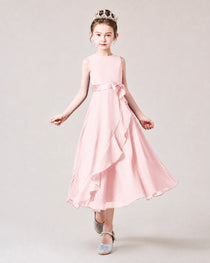 Dideyttawl Sleeveless Chiffon Ruffle Bow Junior Bridesmaid Dress