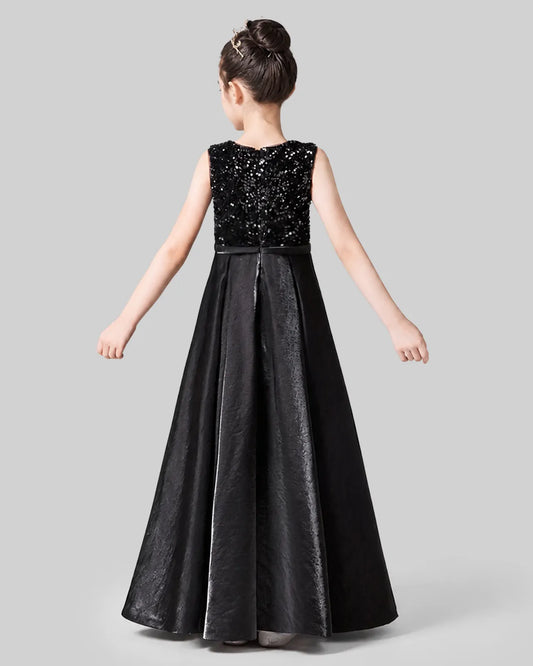Black Sequins Satin A-line Girls Formal Dress Back View