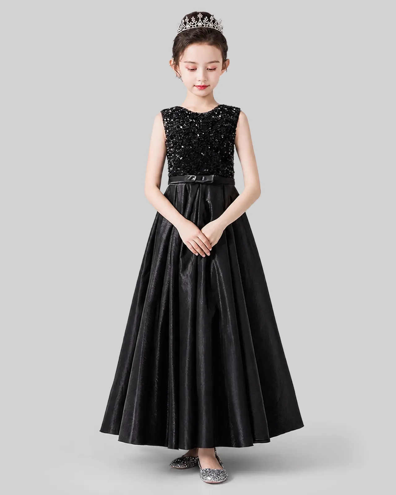 Black Sequins Satin A-line Girls Formal Dress Front View