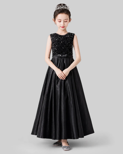 Black Sequins Satin A-line Girls Formal Dress Front View