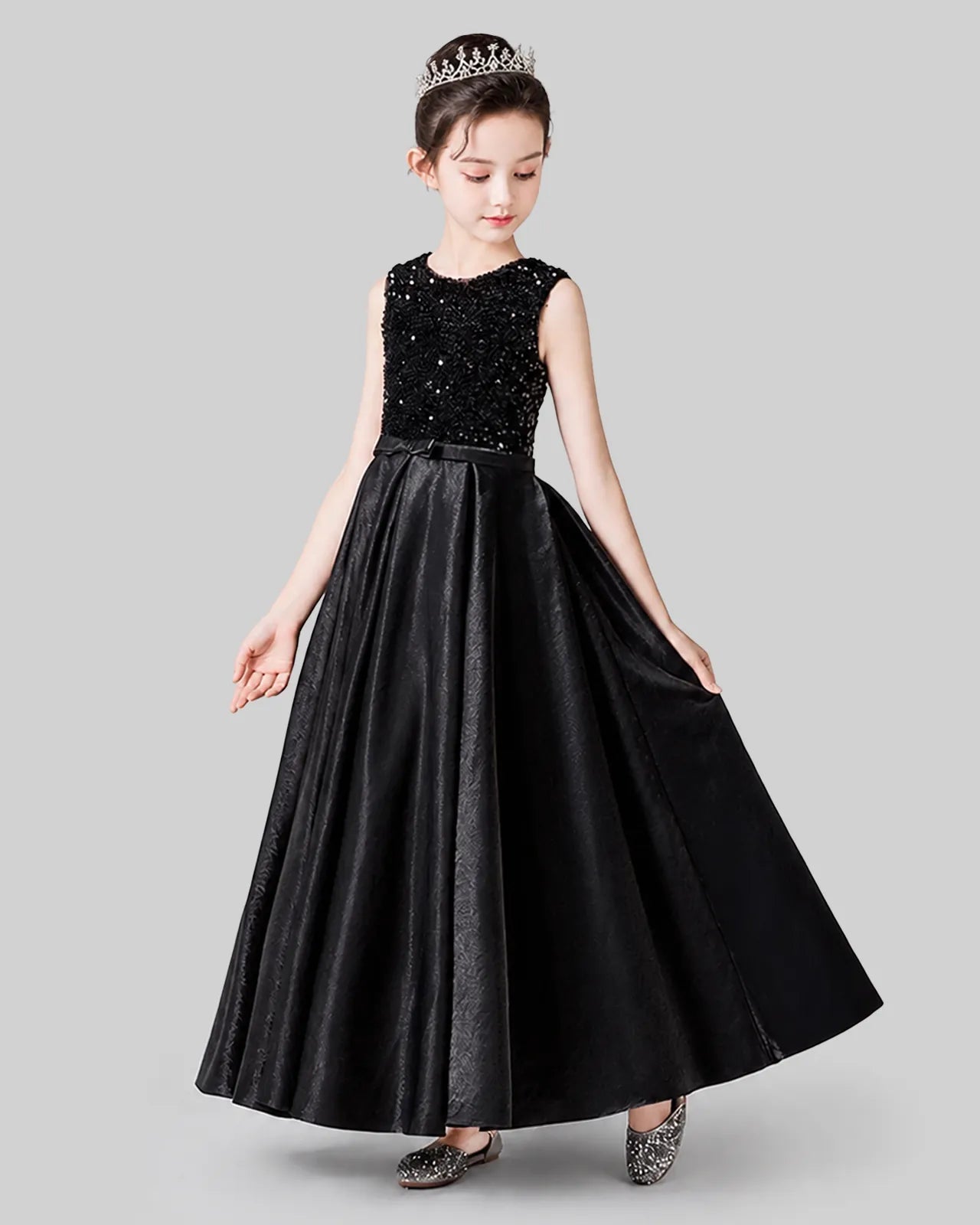 Black Satin A-line Girls Formal Dress Side View