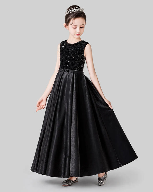 Black Satin A-line Girls Formal Dress Side View