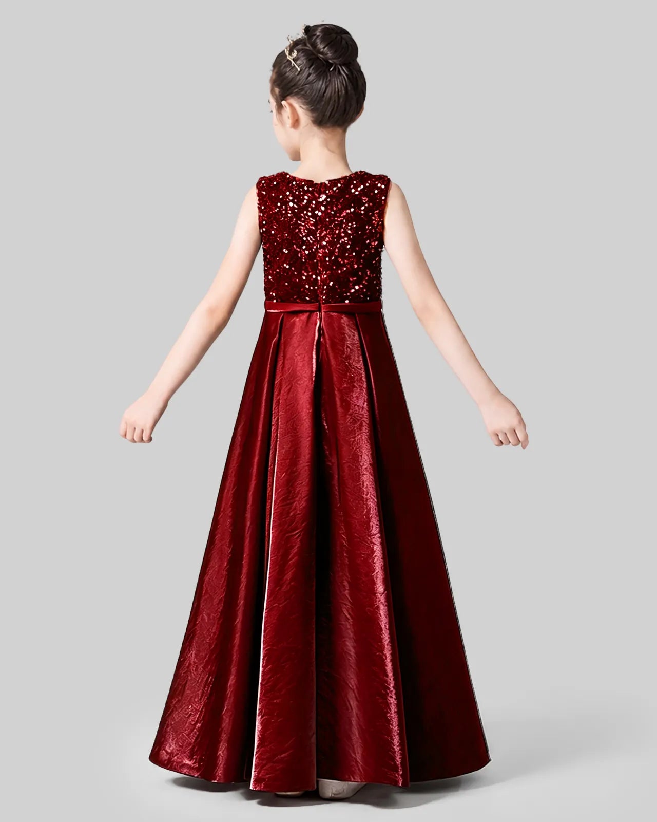 Burgundy Sequins Satin A-line Girls Formal Dress Back View