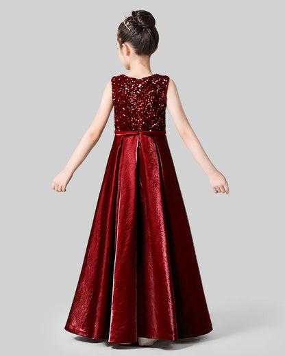 Burgundy Sequins Satin A-line Girls Formal Dress Back View