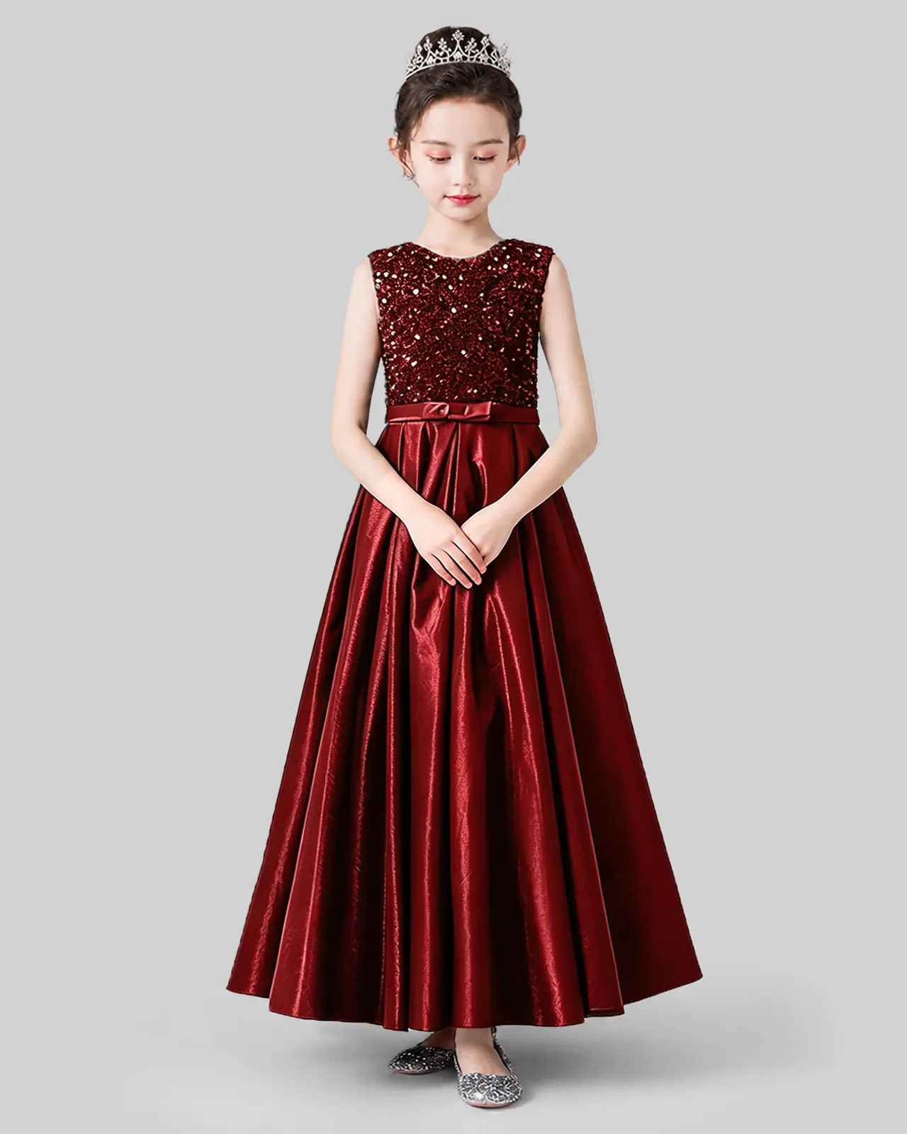 Burgundy Satin A-line Girls Formal Dress Front View