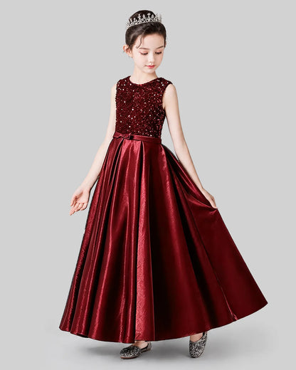 Burgundy Sequins Satin A-line Girls Formal Dress Side View