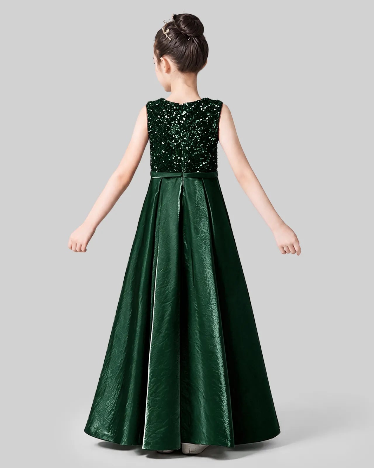 Dark Green Sequins Satin A-line Girls Formal Dress Back View