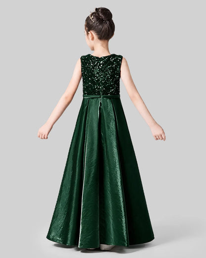 Dark Green Sequins Satin A-line Girls Formal Dress Back View