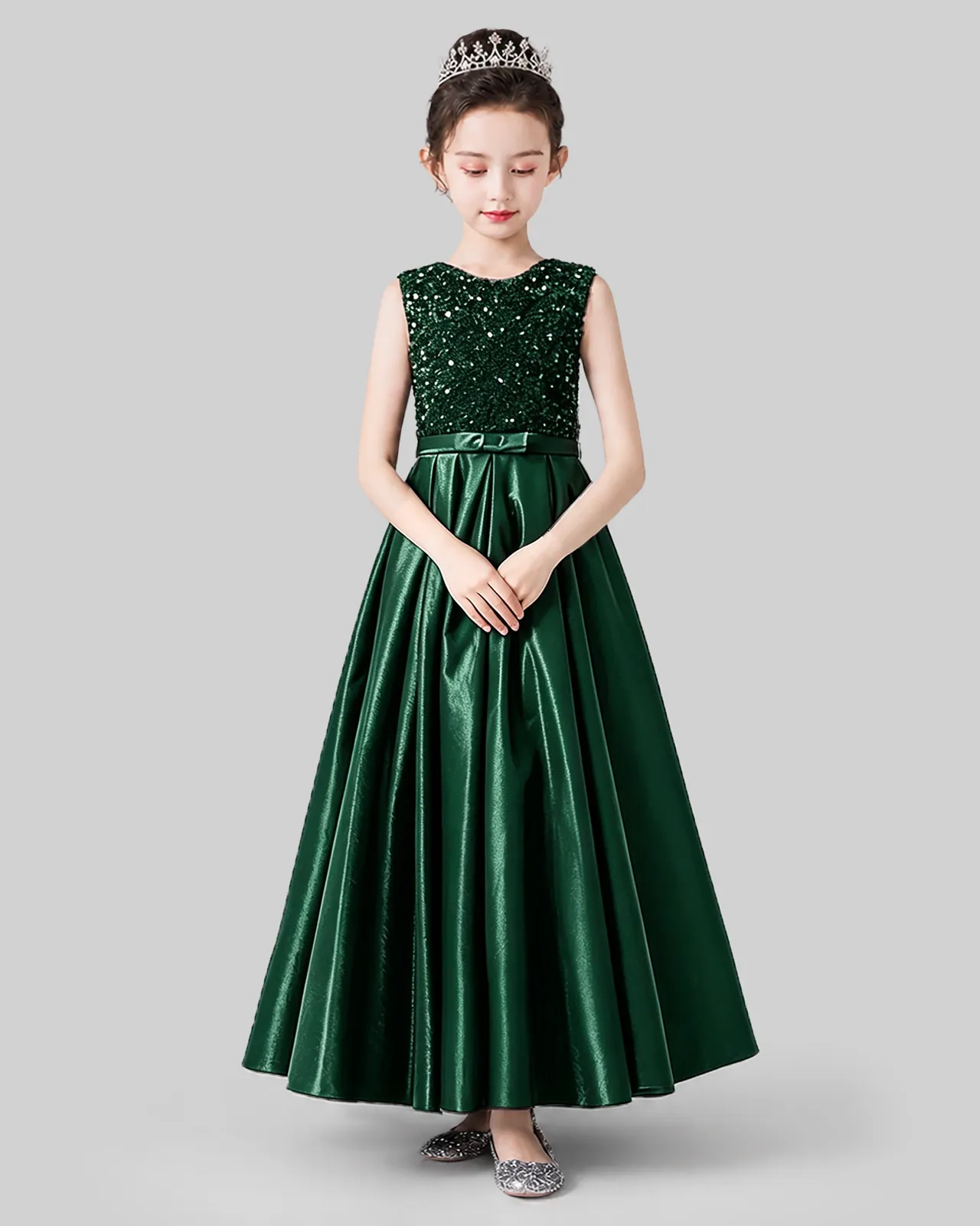 Dark Green Sequins Satin A-line Girls Formal Dress Front View