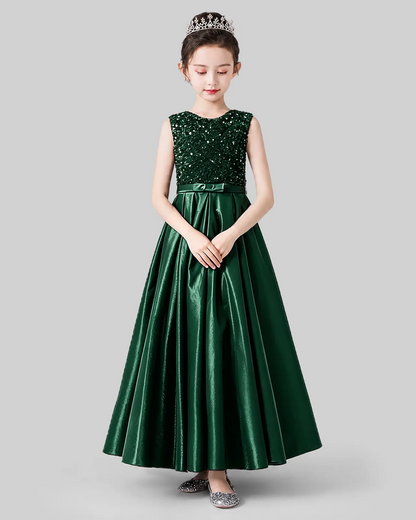 Dark Green Sequins Satin A-line Girls Formal Dress Front View