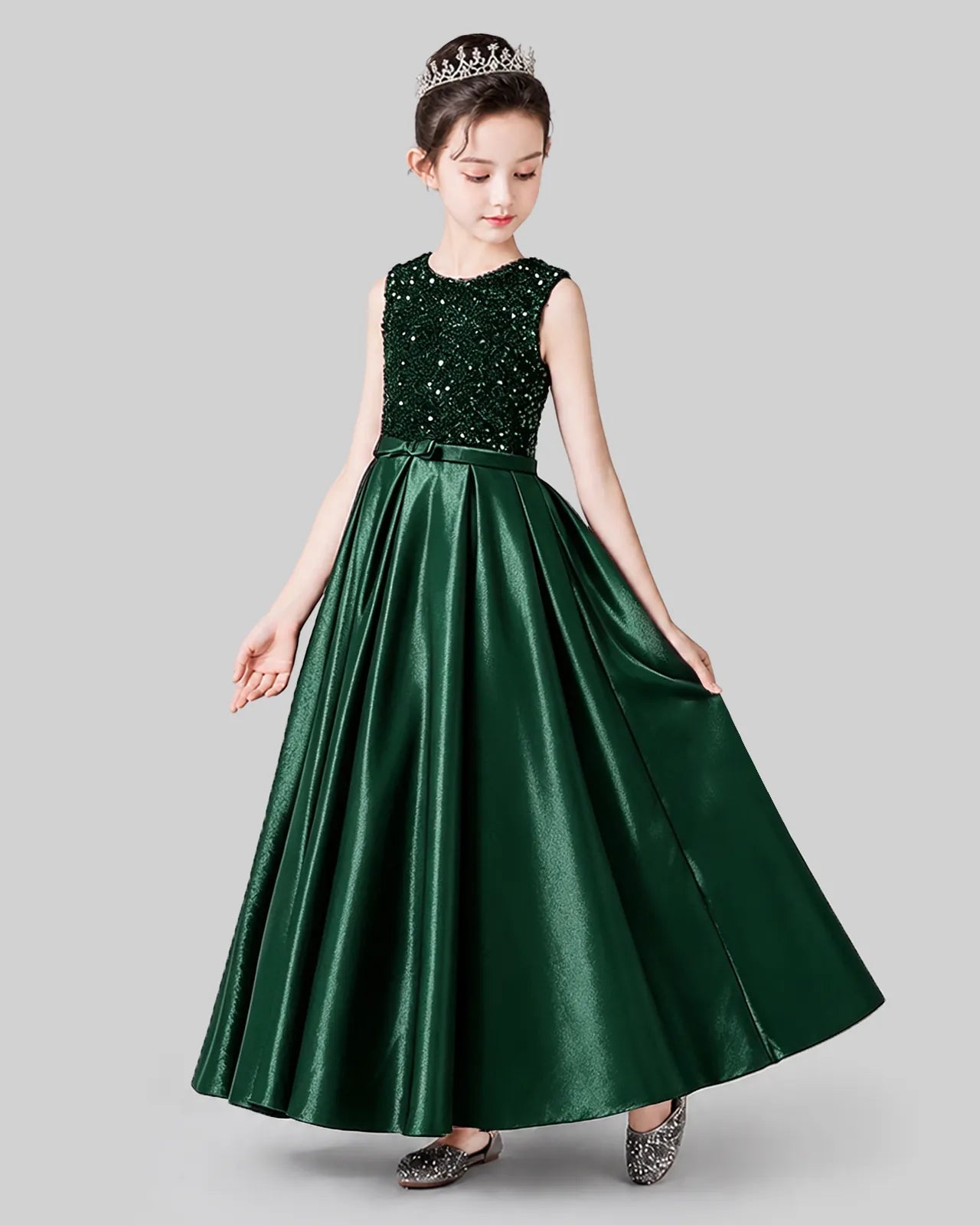 Dark Green Sequins Satin A-line Girls Formal Dress Side View