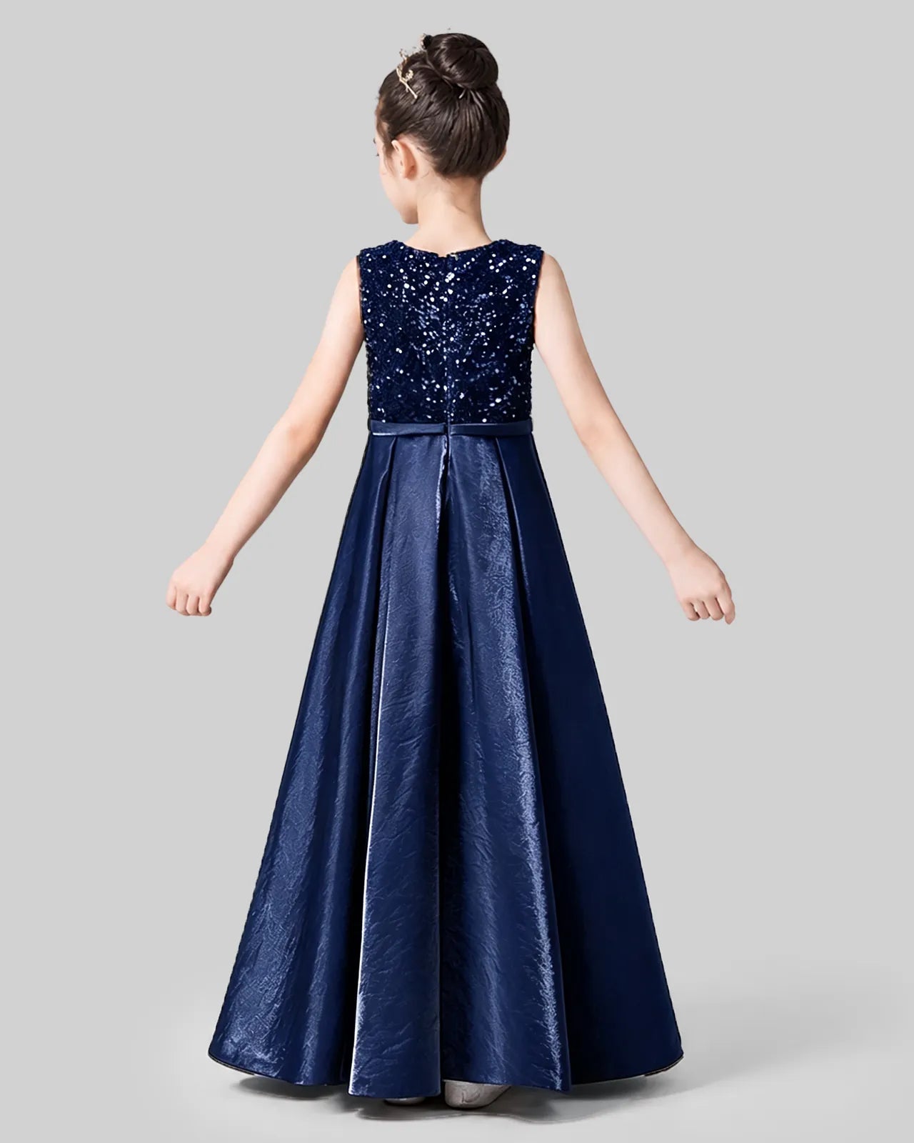 Navy Blue Sequin Satin A-line Girls Formal Dress Back View