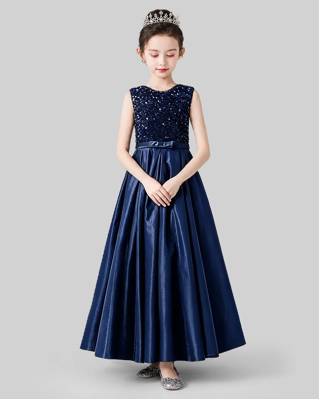 Navy Blue Sequins Satin A-line Girls Formal Dress Front View