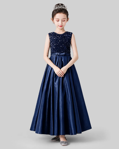 Navy Blue Sequins Satin A-line Girls Formal Dress Front View