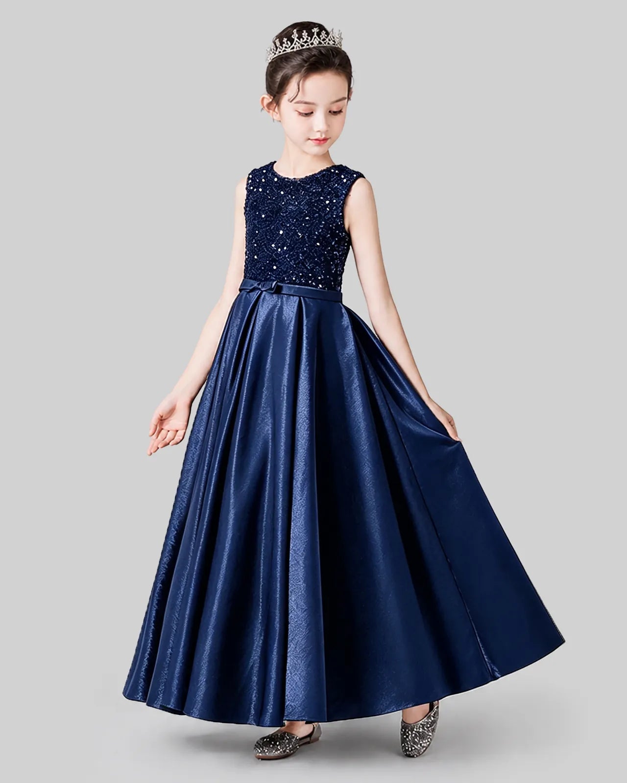 Navy Blue Sequins Satin A-line Girls Formal Dress Side View