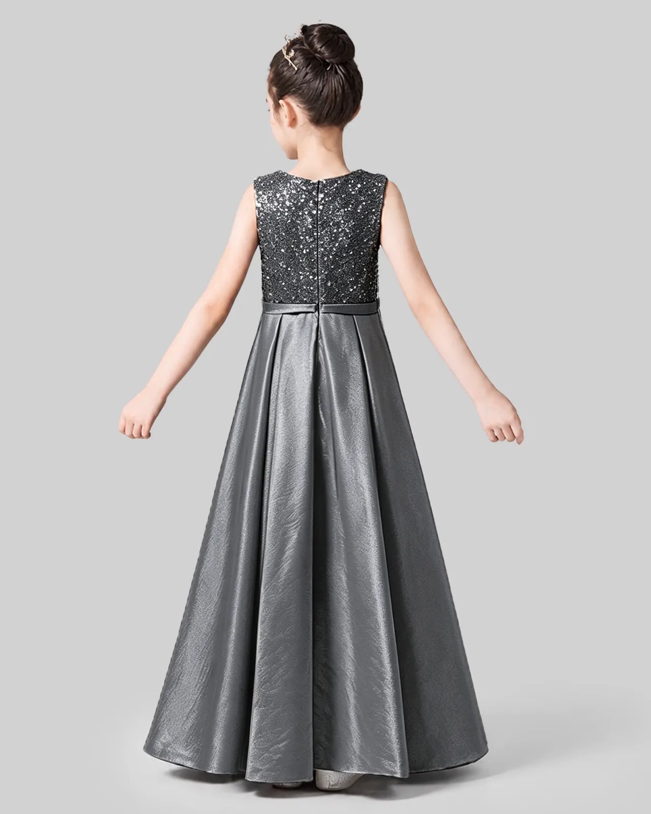 Silver Satin A-line Girls Formal Dress Back View