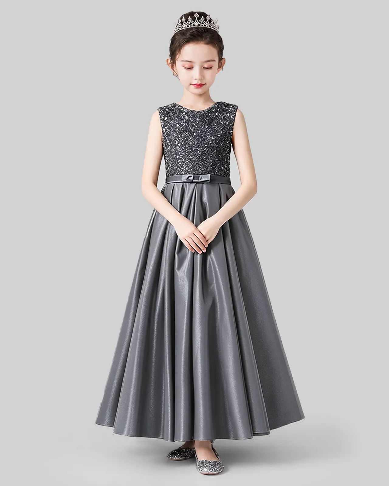 Silver Satin A-line Girls Formal Dress Front View