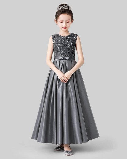 Silver Satin A-line Girls Formal Dress Front View