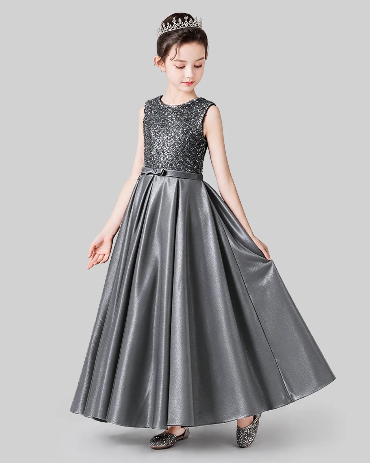 Silver Sequins Satin A-line Girls Formal Dress Side View