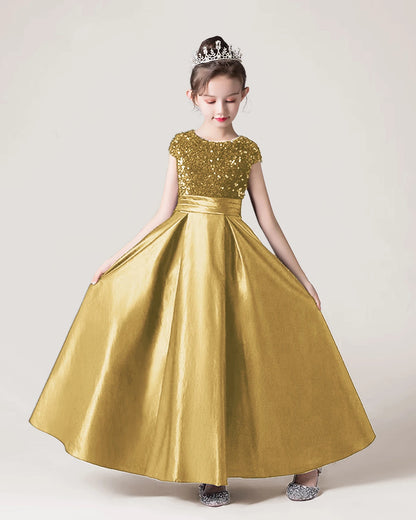 Gold Sequin Satin A-line Girls Formal Dress Front View