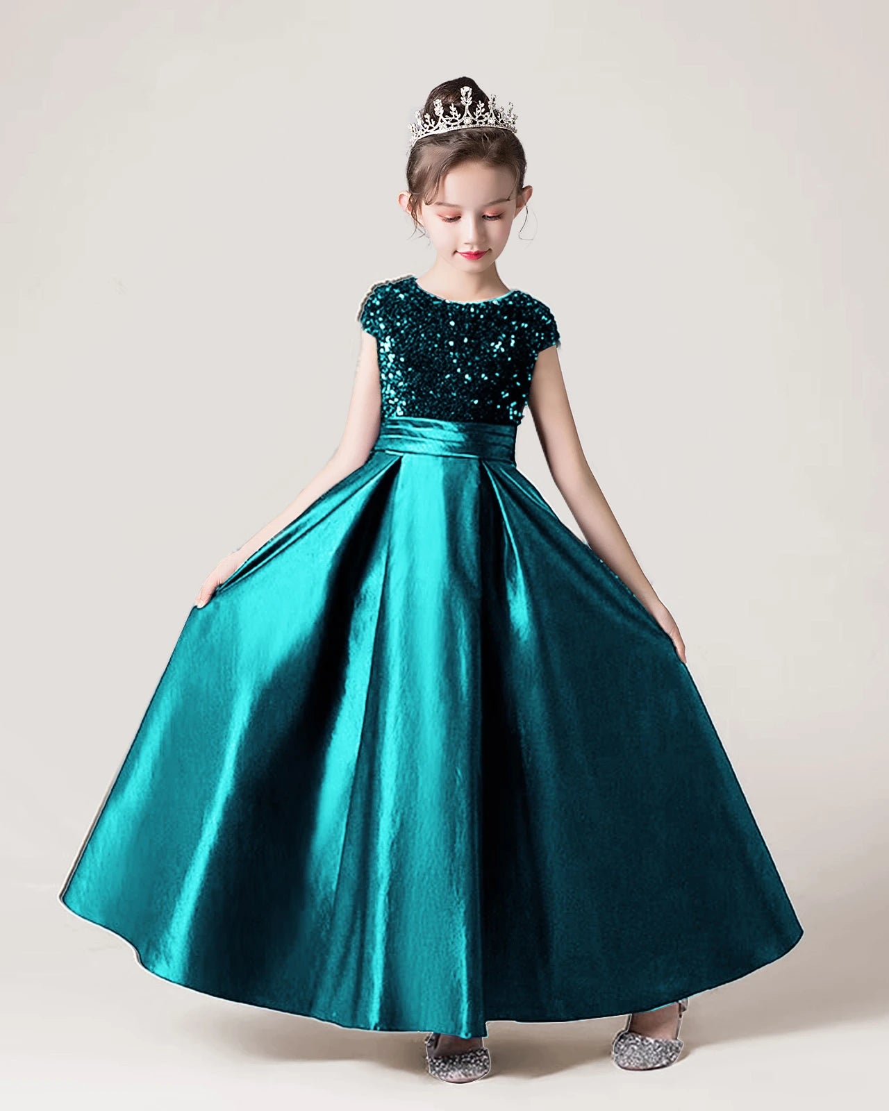 Teal Sequin Satin A-line Girls Formal Dress Front View