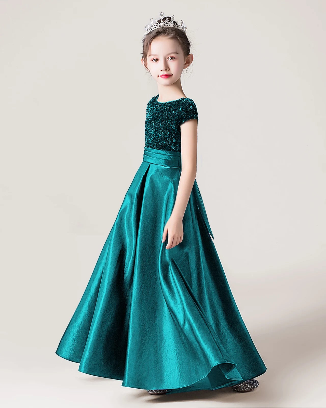 Teal Sequin A-line Girls Formal Dress Side View