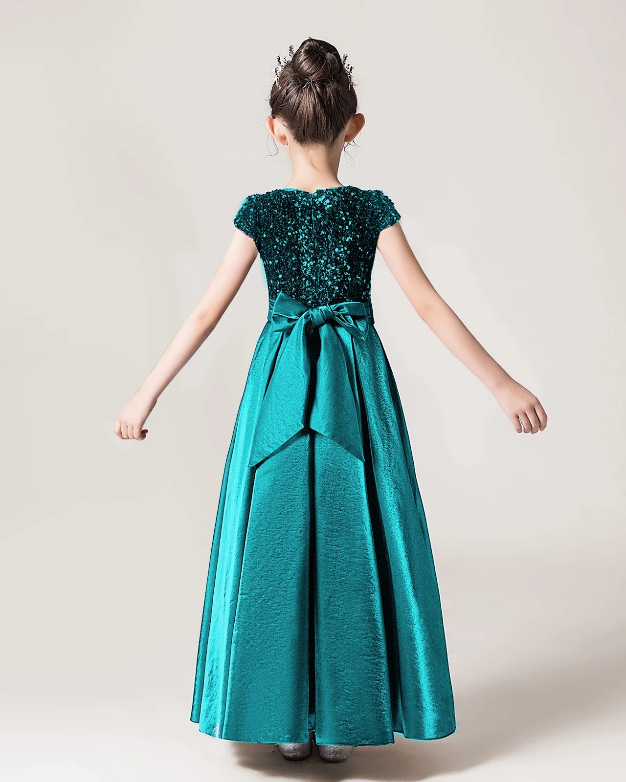 Teal Green Satin A-line Girls Formal Dress Back View