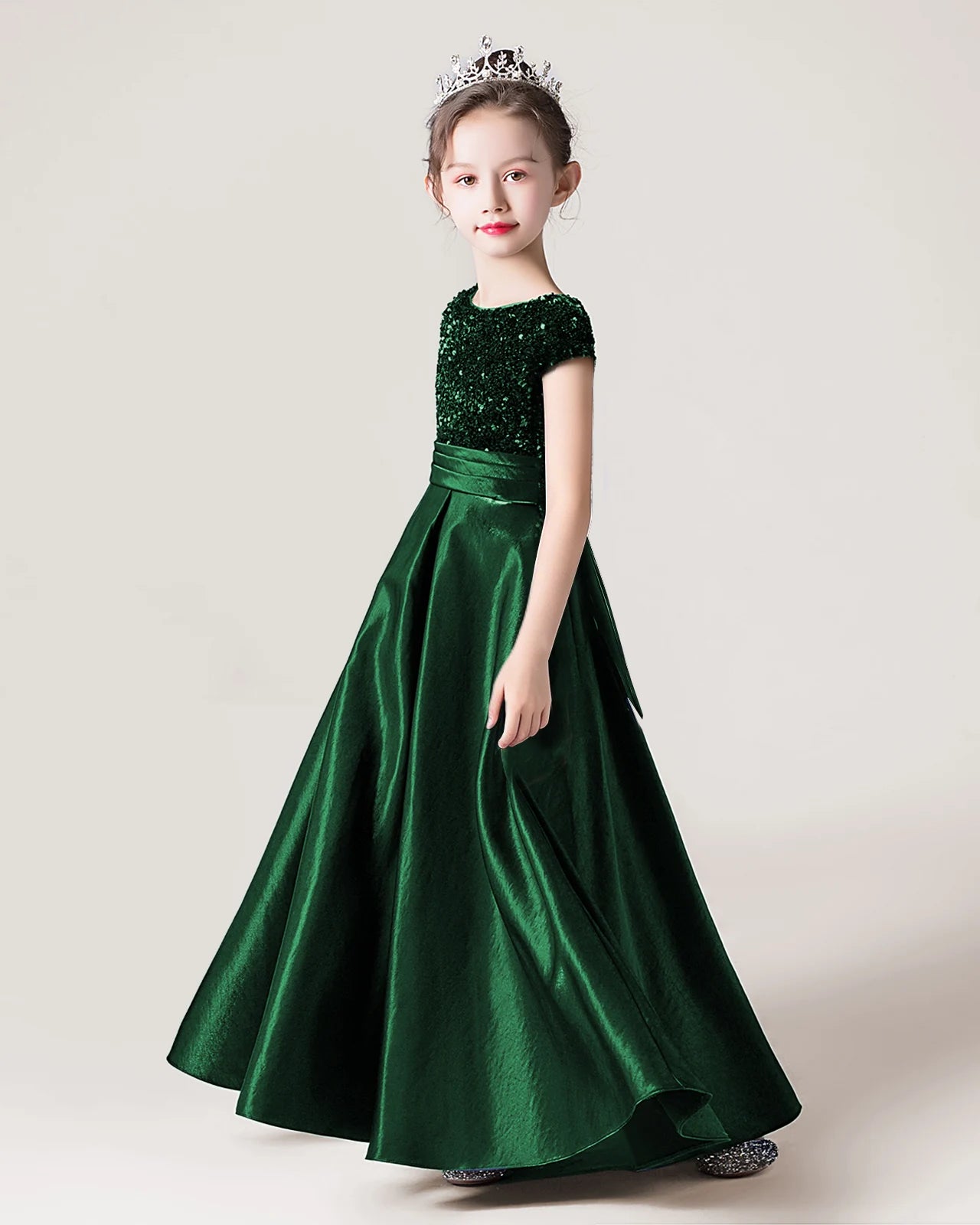 Dark Green Sequin Satin A-line Girls Formal Dress Side View