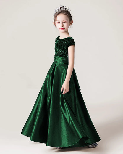 Dark Green Sequin Satin A-line Girls Formal Dress Side View