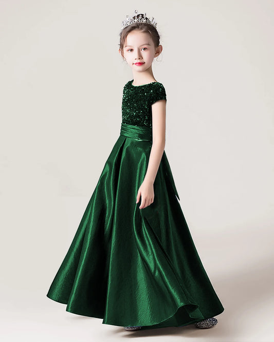 Dark Green Sequin Satin A-line Girls Formal Dress Side View
