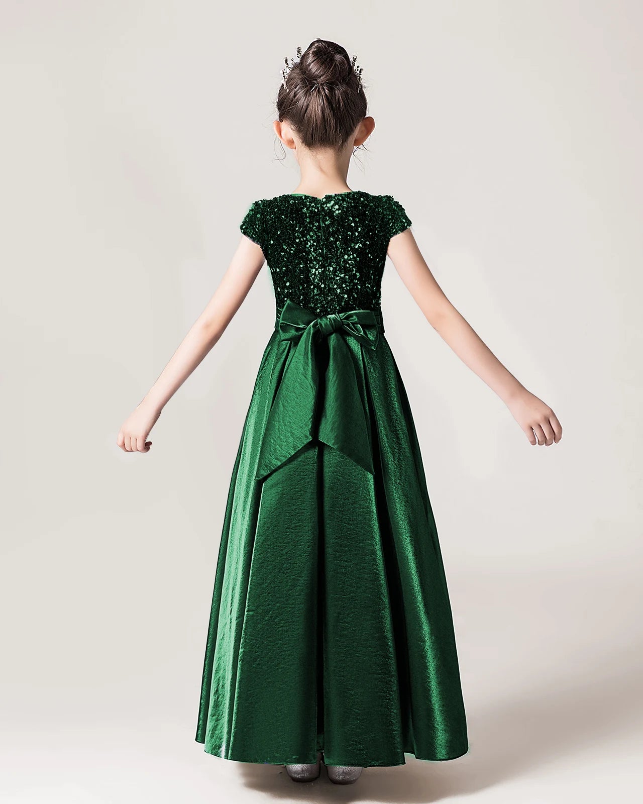 Dark Green Sequin A-line Girls Formal Dress Back View