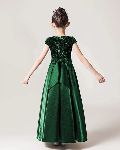 Dark Green Sequin A-line Girls Formal Dress Back View