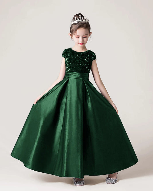 Dark Green Sequin Satin A-line Girls Formal Dress Front View