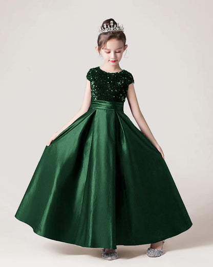 Dark Green Sequin Satin A-line Girls Formal Dress Front View