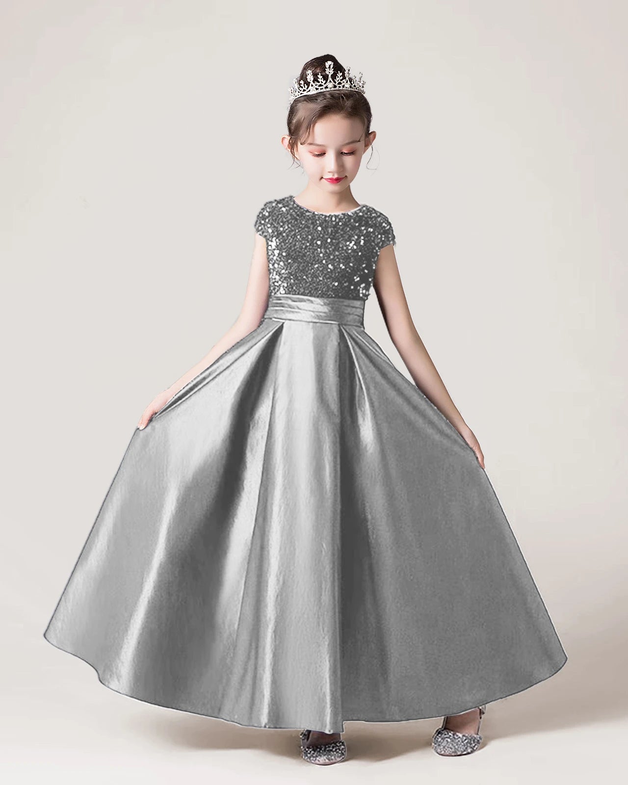 Silver Sequin Satin A-line Girls Formal Dress Front View